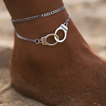 BOEYCJR Double-layer Handcuff štýl Reťazca Anklet pre Ženy HipHop Trend Nohy Náramok Pláži Šperky
